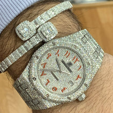 Load image into Gallery viewer, 4 piece deal: 41mm Iced out Audemars Piguet AP Watch + White Gold and Diamond Twin Square Bracelet + White Gold and Diamond Flower Earrings + Gift from Marchello the Jeweler