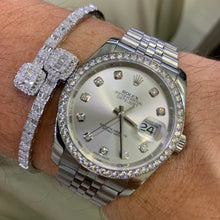 Load image into Gallery viewer, 4 piece deal: Full factory 36mm Rolex Diamond Watch with Stainless Steel Jubilee Band + White Gold & Diamond Twin Square Bangle + Gold & Diamond Flower Earrings + Gift