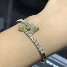 Load image into Gallery viewer, Yellow Gold and Diamond Butterfly & Heart Bangle Bracelet with Round and Baguette Diamonds