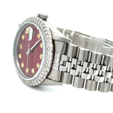 Load image into Gallery viewer, 36mm Rolex Diamond Watch with Stainless Steel Jubilee Bracelet (diamond red dial and diamond bezel)