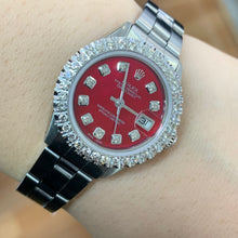 Load image into Gallery viewer, 26mm Ladies` Rolex Diamond Watch with Stainless Steel Oyster Bracelet (custom red mother of pearl diamond dial, custom diamond bezel)