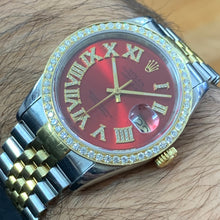Load image into Gallery viewer, 36mm Rolex Datejust Watch with Two-Tone Jubilee Bracelet (red dial with diamond Roman numerals)