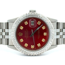Load image into Gallery viewer, 36mm Rolex Diamond Watch with Stainless Steel Jubilee Bracelet (diamond red dial and diamond bezel)