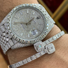 Load image into Gallery viewer, Model: 126300 Iced out 41mm Big Face Rolex Watch with Stainless Steel Jubilee Band + White Gold & Diamond Twin Square Band + White Gold & Diamond Flower Earrings + Gift