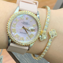 Load image into Gallery viewer, 4 piece deal: 36mm Rolex Diamond Watch + Yellow Gold and Diamond Twin Flower Bracelet + Free pair of earrings + Gift from MTJ