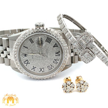 Load image into Gallery viewer, 4 piece deal: 4ct Diamond 36mm Rolex Watch with Stainless Steel Jubilee bracelet + White Gold & Diamond Square Shape Bangle + Diamond and Gold Earrings Set+ Gift from Marchello the Jeweler