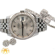 Load image into Gallery viewer, 4 piece deal: Full factory 36mm Rolex Diamond Watch with Stainless Steel Jubilee Band + White Gold & Diamond Twin Square Bangle + Gold & Diamond Flower Earrings + Gift