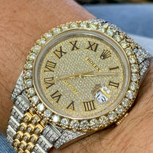 Load image into Gallery viewer, 4 piece deal: 41mm Iced out 18k Gold Rolex Watch with Two-Tone Jubilee Bracelet +  Two-tone Gold Twin Squares Cuff Diamond Bracelet + Flower Diamond Earrings Set + Gift from Marchello the Jeweler