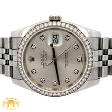 Load image into Gallery viewer, 4 piece deal: Full factory 36mm Rolex Diamond Watch with Stainless Steel Jubilee Band + White Gold & Diamond Twin Square Bangle + Gold & Diamond Flower Earrings + Gift