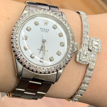 Load image into Gallery viewer, 4 piece deal: 34mm Rolex Diamond Watch + White Gold and Diamond Twin Square Bangle + Flower Earrings + Gift from MTJ