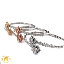 Load image into Gallery viewer, Gold and Diamond Twin Flower Bangle Bracelet with Round and Baguette Diamonds (choose your color)