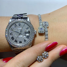 Load image into Gallery viewer, 4 piece deal: 4ct Diamond 36mm Rolex Watch with Stainless Steel Jubilee bracelet + White Gold & Diamond Square Shape Bangle + Diamond and Gold Earrings Set+ Gift from Marchello the Jeweler