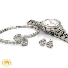 Load image into Gallery viewer, 4 piece deal: Ladies`26mm Rolex Diamond Watch + Heart shaped bangle with Baguettes and Round Diamonds + Diamond earrings Set+ Gift from Marchello the Jeweler