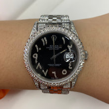 Load image into Gallery viewer, 7ct Diamond Iced out 36mm Rolex Watch with Stainless Steel Jubilee Bracelet (black dial with diamonds)
