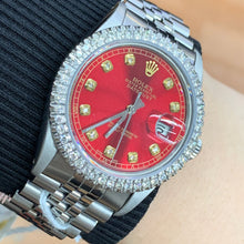 Load image into Gallery viewer, 36mm Rolex Diamond Watch with Stainless Steel Jubilee Bracelet (diamond red dial and diamond bezel)