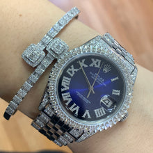 Load image into Gallery viewer, 4 piece deal: 36mm Rolex Diamond Watch with Stainless Steel Jubilee Band + White Gold & Diamond Twin Square Bangle + Gold & Diamond Flower Earrings + Gift (choose your color)