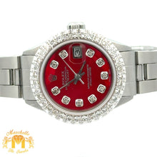 Load image into Gallery viewer, 26mm Ladies` Rolex Diamond Watch with Stainless Steel Oyster Bracelet (custom red mother of pearl diamond dial, custom diamond bezel)