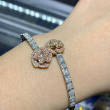 Load image into Gallery viewer, Gold and Diamond Twin Flower Bangle Bracelet with Round and Baguette Diamonds (choose your color)