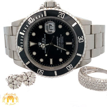Load image into Gallery viewer, 4 piece deal: 40mm Rolex Submariner Black Face Watch with Stainless Steel Oyster Bracelet + White Gold and Diamond Ring + Flower Diamond Earrings + Gift from Marchello the Jeweler