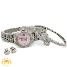 Load image into Gallery viewer, 4 piece deal: Ladies`26mm Rolex Diamond Watch + Heart shaped bangle with Baguettes and Round Diamonds + Diamond earrings Set+ Gift from Marchello the Jeweler