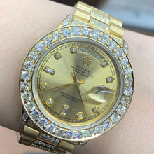 Load image into Gallery viewer, 4 piece deal: 36mm 18k Gold Presidential Rolex Diamond Watch (XL Bezel measures 40mm) + 3.40ct diamonds 14k Gold Men`s Ring + 14k Gold and Diamond Earrings + Gift from MTJ