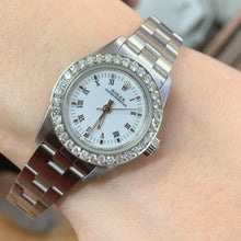 Load image into Gallery viewer, 24mm Ladies` Rolex Watch with Stainless Steel Oyster Bracelet (diamond bezel, white dial)