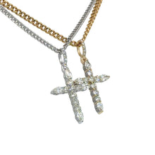 Load image into Gallery viewer, 14k Gold Cross Pendant with Round and Pear Shape Diamonds and Gold Cuban Link Chain Set (choose your color)