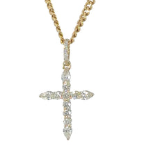 Load image into Gallery viewer, 14k Gold Cross Pendant with Round and Pear Shape Diamonds and Gold Cuban Link Chain Set (choose your color)