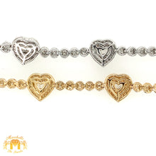 Load image into Gallery viewer, Gold and Diamond 10.4x3.5mm Tennis Bracelet with Hearts with baguette and round diamonds  (pick gold color)