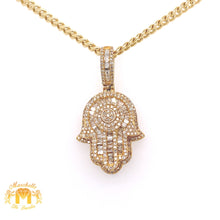 Load image into Gallery viewer, 14k Gold Hamsa Pendant with Baguette Diamond & Gold Cuban Link Chain
