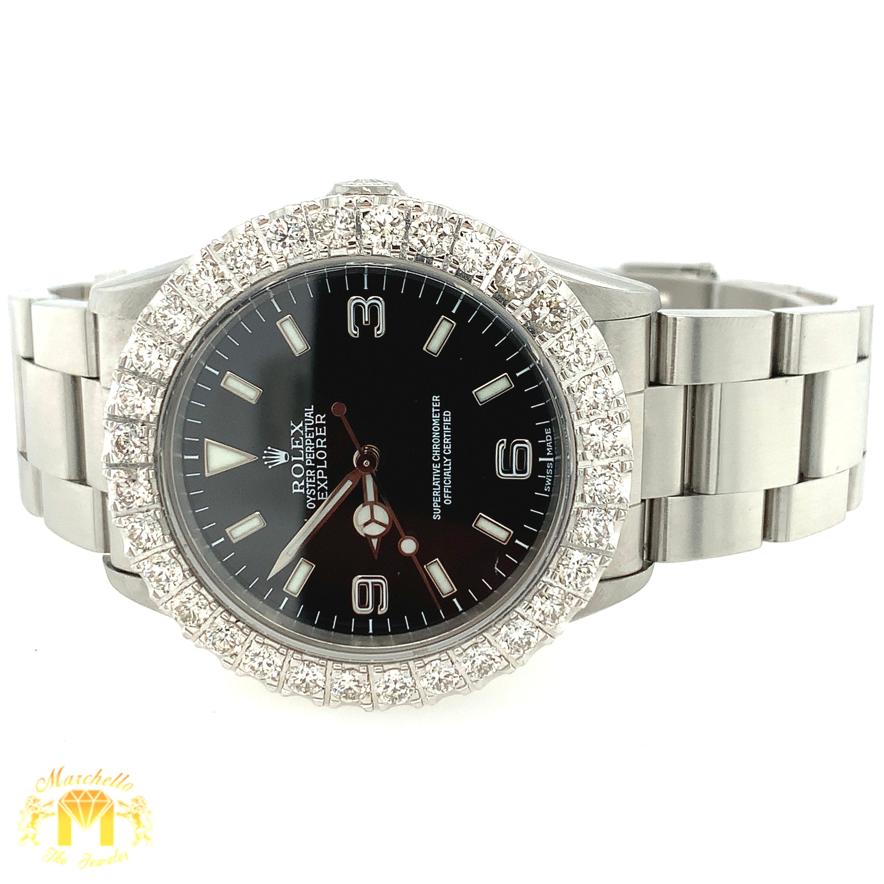 36mm Rolex Explorer Diamond Watch with Custom Diamond Bezel 