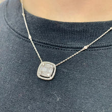 Load image into Gallery viewer, 18k White Gold Square Ladies' Pendant with Diamond on a Dainty Rolo Chain (large VVS baguettes)