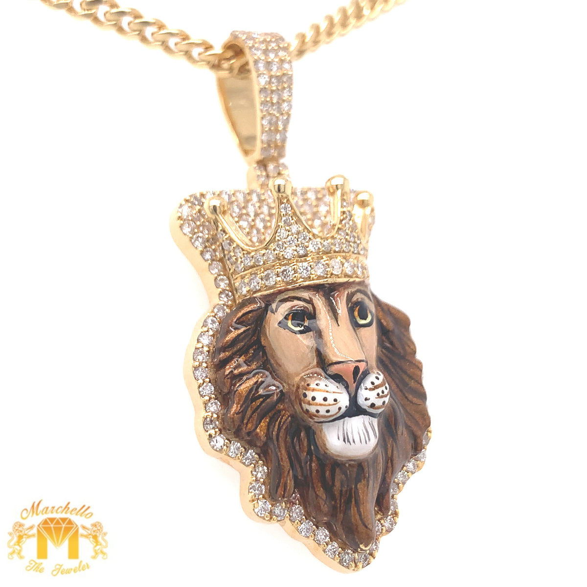 14k Gold Enamel Lion Head Diamond Pendant, Gold Cuban Link