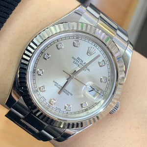41mm Rolex Watch with Stainless Steel Oyster Bracelet (diamond silver dial, fluted bezel) (Model number: 116334)