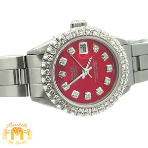 26mm Ladies` Rolex Diamond Watch with Stainless Steel Oyster Bracelet (custom red mother of pearl diamond dial, custom diamond bezel)