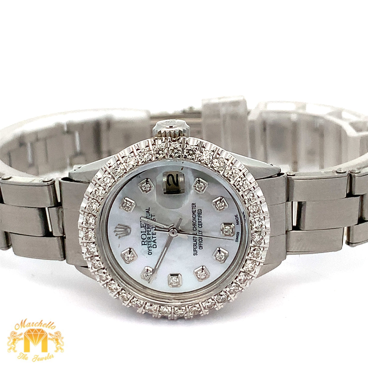 4 piece deal: Ladies`26mm Rolex Diamond Watch with Stainless Steel Oyster Band + LIMITED EDITION 18k White Gold and Diamond Bangle + Gift Diamond Earrings + Gift