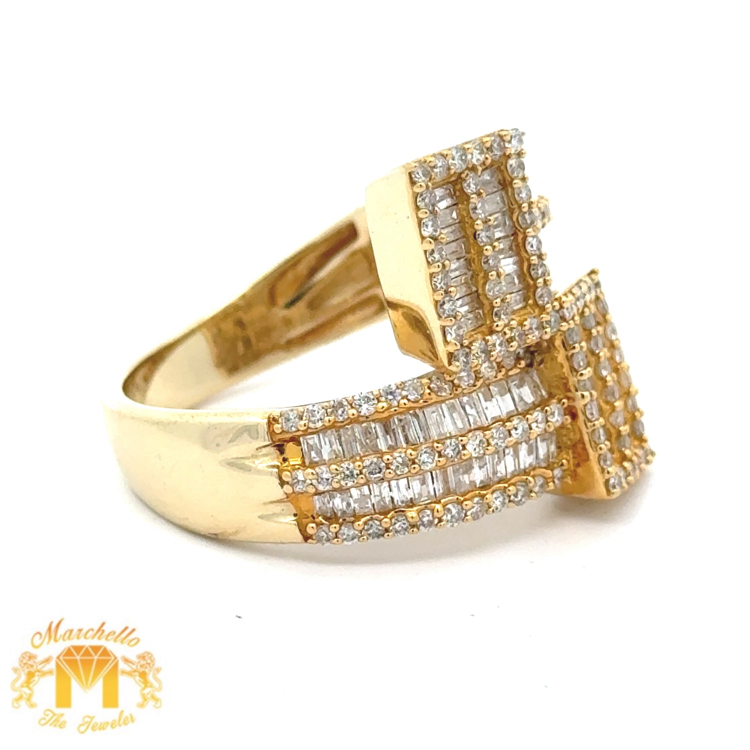14k Yellow Gold and Diamond XL Twin Square Ring with Baguette and Round Diamonds