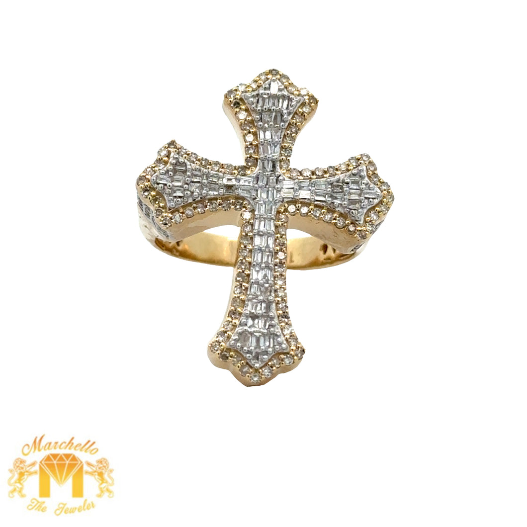 Yellow Gold and Diamond Cross Ring with Round and Baguette Diamonds