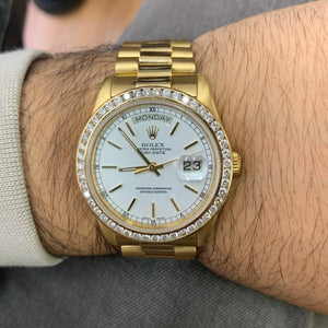 36mm 18k Yellow Gold Rolex Day-Date Watch (diamond bezel, quick set)