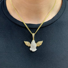 Load image into Gallery viewer, Yellow Gold and Diamond Praying Hand with Wings Pendant and Yellow Gold Cuban Chain