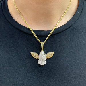 Yellow Gold and Diamond Praying Hand with Wings Pendant and Yellow Gold Cuban Chain