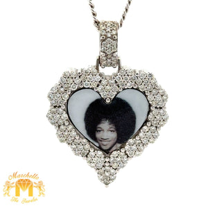 14k White Gold & Diamond Heart Shaped Picture Pendant and White Gold Cuban Link Chain