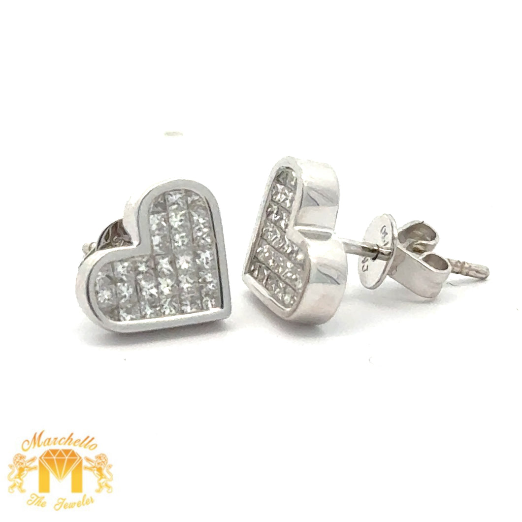18k White Gold and Diamond Heart Earrings with Princess Cut Diamonds