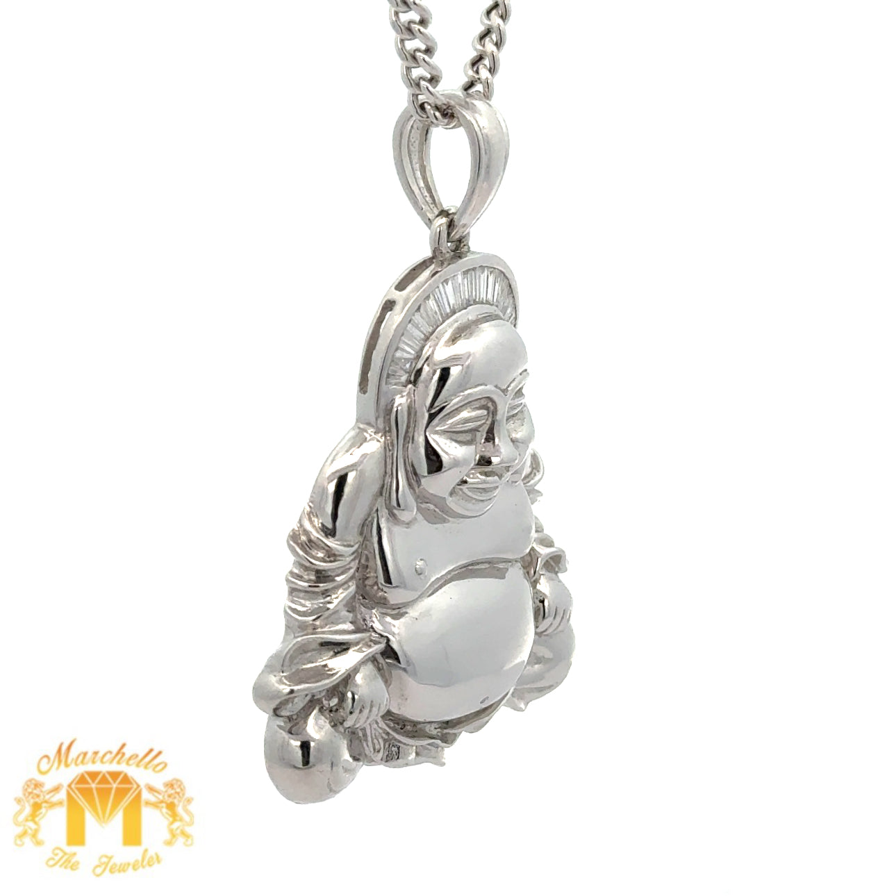 18k White Gold and Diamond Buddha Pendant and 14k White Gold Cuban Link Chain