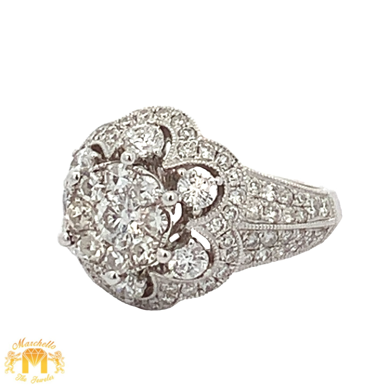 14k White Gold and Diamond Flower Shaped Ring with Round Diamonds