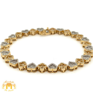 Gold and Diamond Heart & Flower shaped Fancy Link Bracelet with Baguette and Round Diamonds