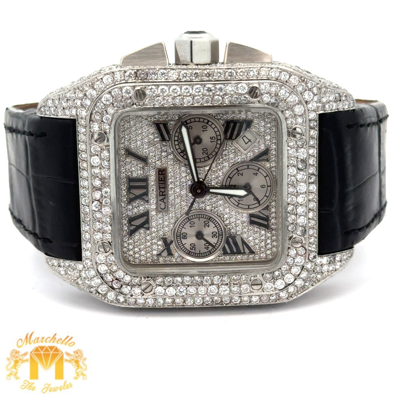 4 piece deal: 42mm Cartier Diamond Watch with leather band+ 14k White Gold and Diamond Ring + Earrings + Gift from MTJ