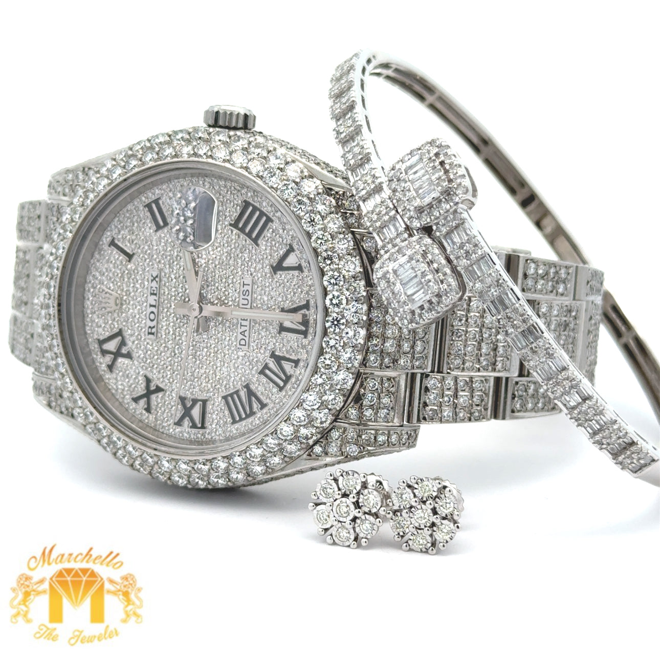 4 piece deal: 41mm Iced out Rolex Datejust 2 Oyster Band + White Gold and Diamond Twin Square Bracelet + White Gold and Diamond Flower Earrings + Gift from Marchello the Jeweler