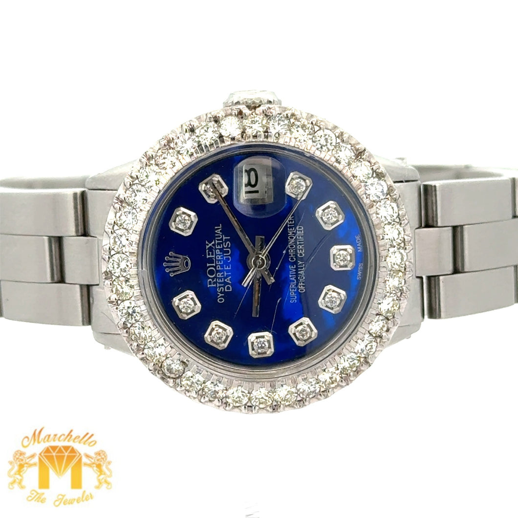 26mm Ladies` Rolex Watch with Stainless Steel Oyster Bracelet (Blue mother of pearl diamond dial, diamond bezel)