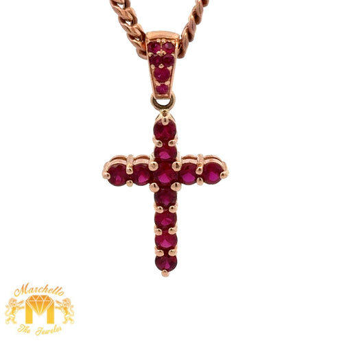 14k Rose Gold and Diamond Cross Ruby Pendant and 14k Rose Gold Cuban Link Chain Set